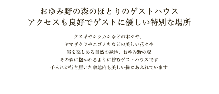 自然に包まれた憧れゲストハウスで叶える上質でかわいいアットホームなウエディング 木々の隙間から陽光がこぼれるナチュラルな森のほとりに、上品で優雅なゲストハウスが。透明感あふれる贅沢なしつらえや手入れの行き届いたお庭。かわいらしい邸宅を我が家のように使って誰にも気兼ねしない心温まるウエディングを叶えましょう。